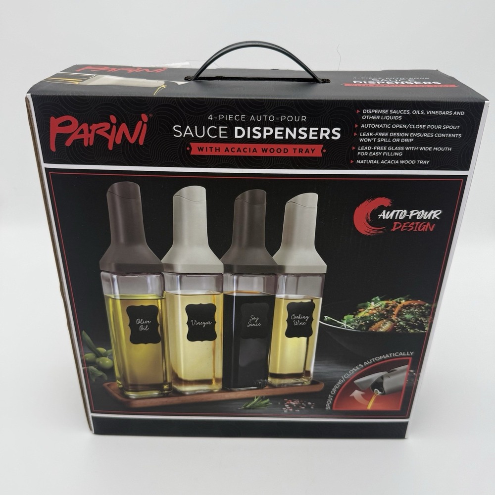 Parini 4-Piece Auto-Pour Sauce Dispenser Set Glass Bottles Acacia Wood Tray